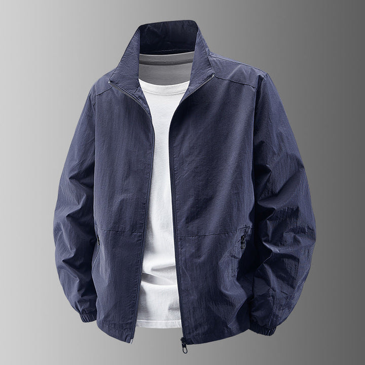 Men's Breathable Lightweight Windbreaker with Stand-up Collar, Elastic Cuffs and Concealed Zippered Pockets