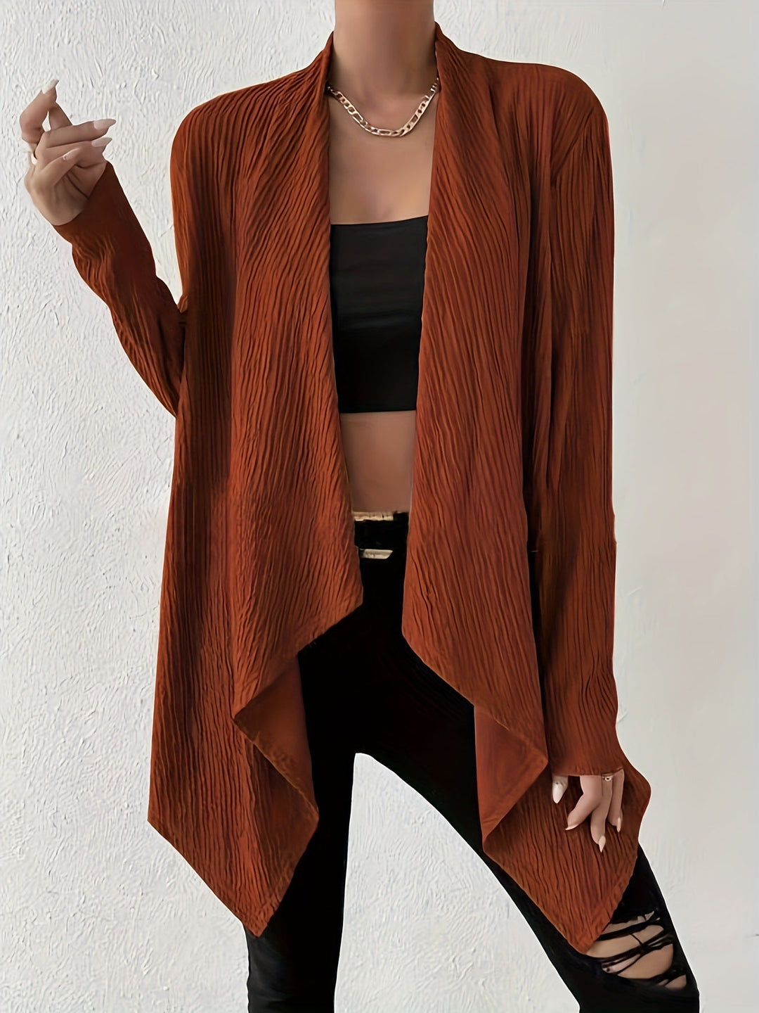 Women's Open Crinkle Cardigan with Waterfall Hem and Longline Silhouette