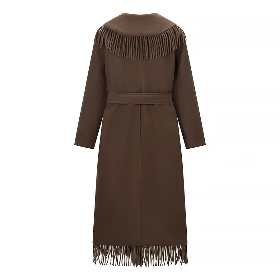 Women's Long Fringed Coat with Voluminous Shawl Collar, Waist Belt and Patch Pockets