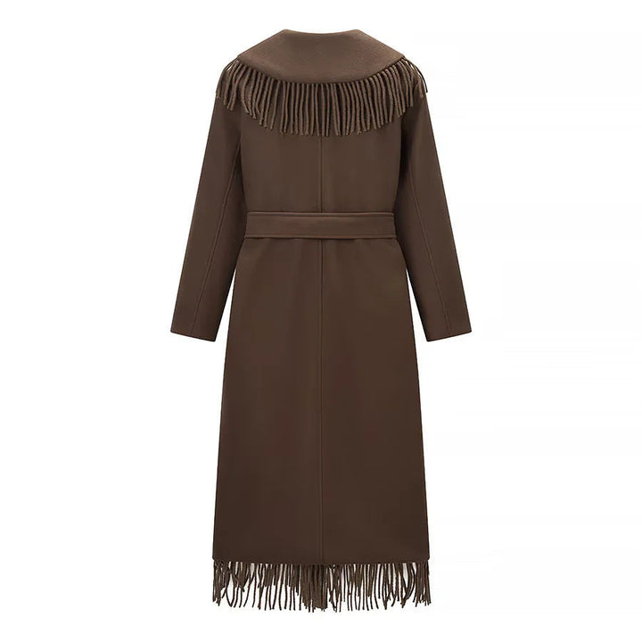 Women's Long Fringed Coat with Voluminous Shawl Collar, Waist Belt and Patch Pockets