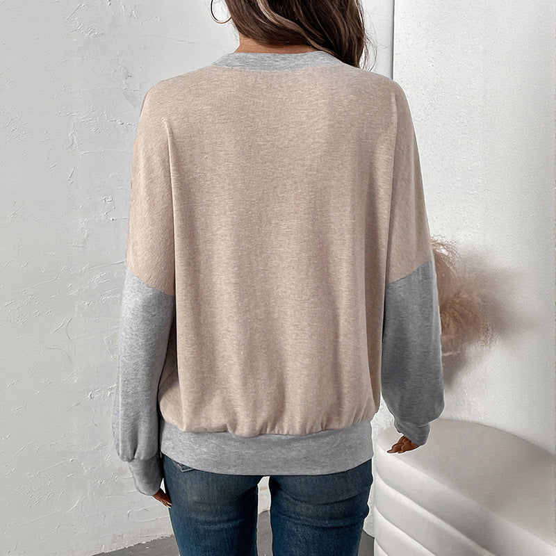 Women's Two-Tone Oversized Long Sleeve Sweater with Contrast Sleeves and V-Seam