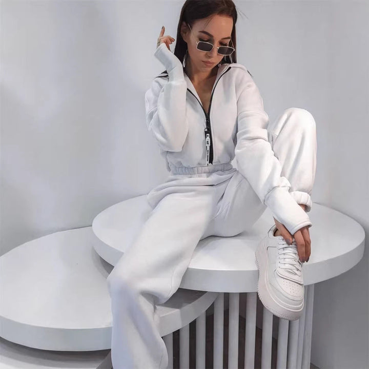Women's Tailored Hooded Sweat Jumpsuit with Zipper and Elastic Waistband