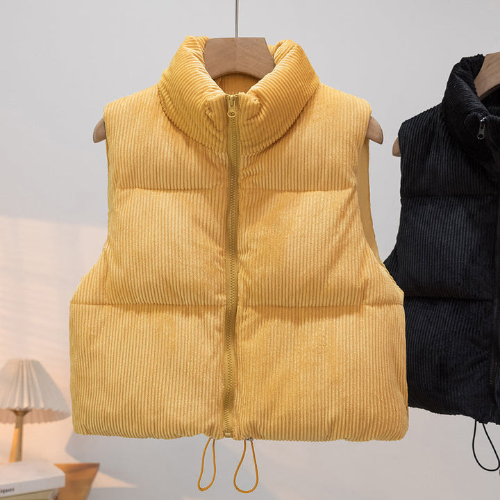 Women's Padded Cord Quilted Vest with Stand-up Collar and Drawstring