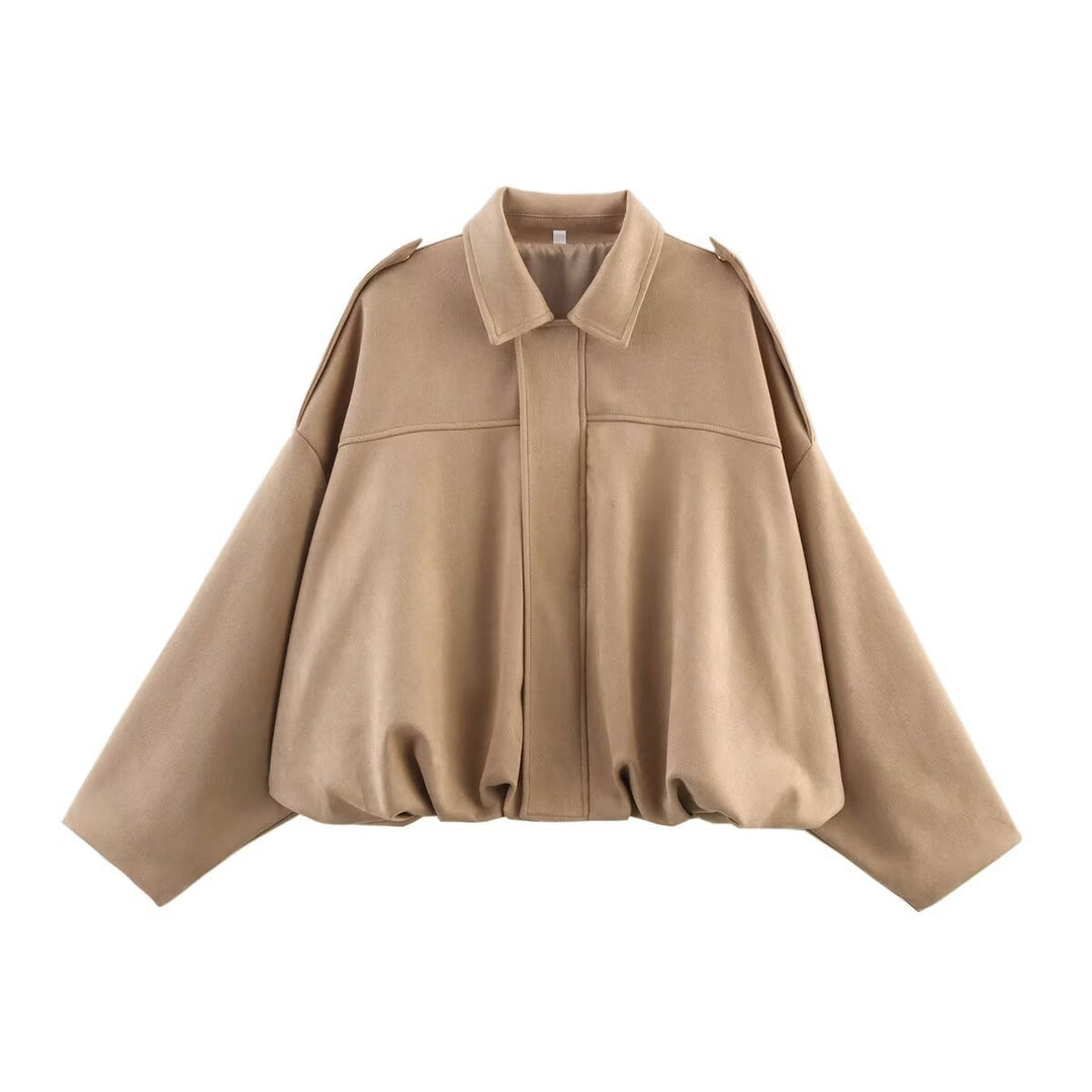 Women Oversized Suede Bomber Jacket with Shoulder Epaulettes