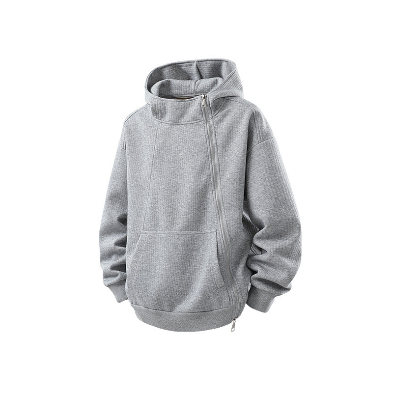 Unisex Asymmetric Hoodie with High Collar, Diagonal Zipper and Kangaroo Pocket