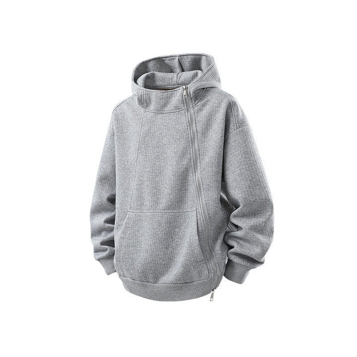 Unisex Asymmetric Hoodie with High Collar, Diagonal Zipper and Kangaroo Pocket