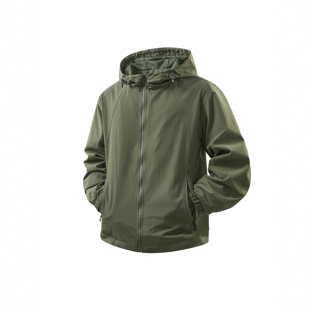 Men's Lightweight Breathable Hooded Windbreaker with Mesh Lining and Zipper Pockets