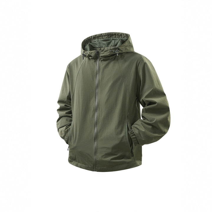 Men's Lightweight Breathable Hooded Windbreaker with Mesh Lining and Zipper Pockets