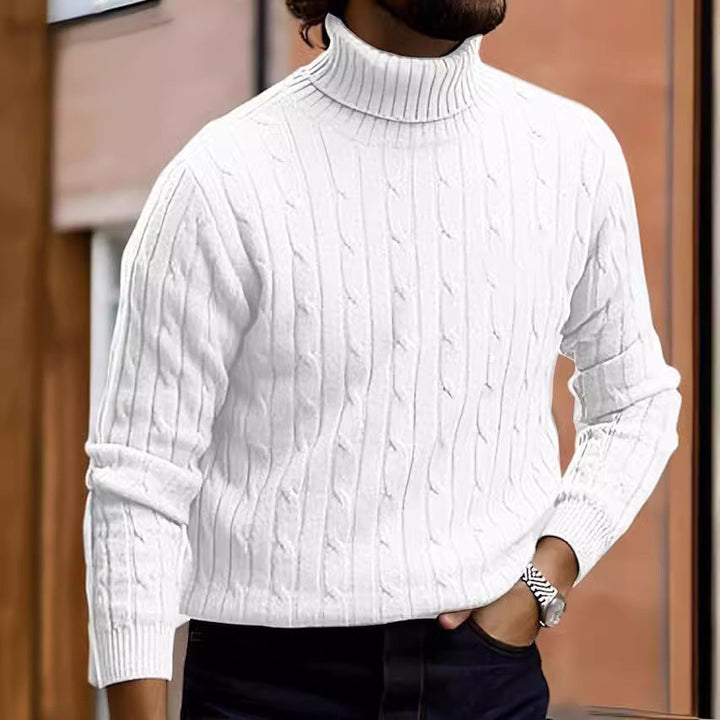 Men's Ribbed Turtleneck Sweater with Cable Knit Pattern and Form-fitting Slim-fit Silhouette