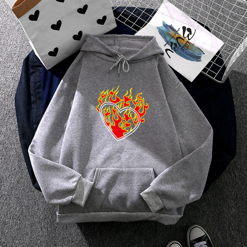 Women Light Oversized Hoodie with Heart EKG Motif, Long Cords and Elastic Cuff