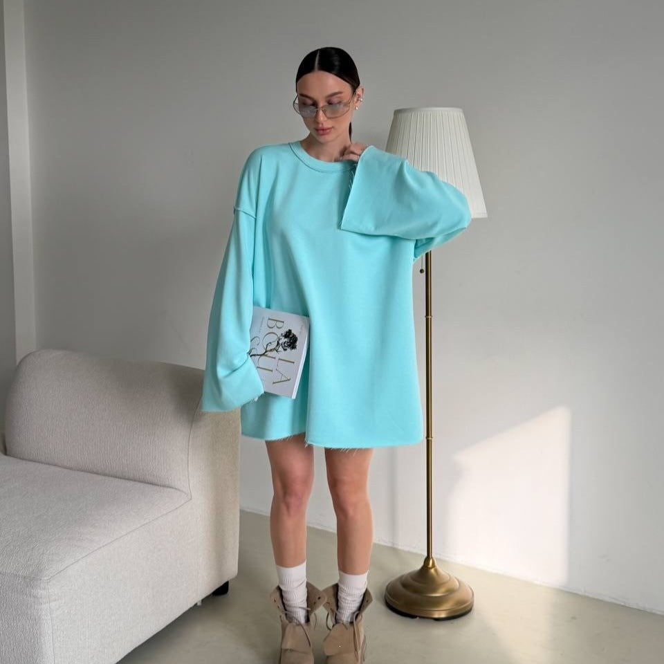 Women Oversized Sweater Dress with Wide Trumpet Sleeves