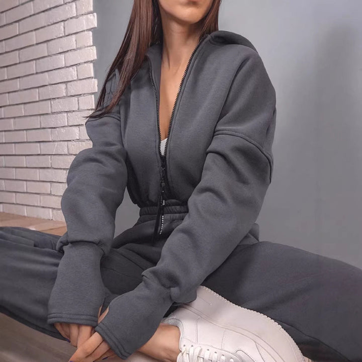Women's Tailored Hooded Sweat Jumpsuit with Zipper and Elastic Waistband