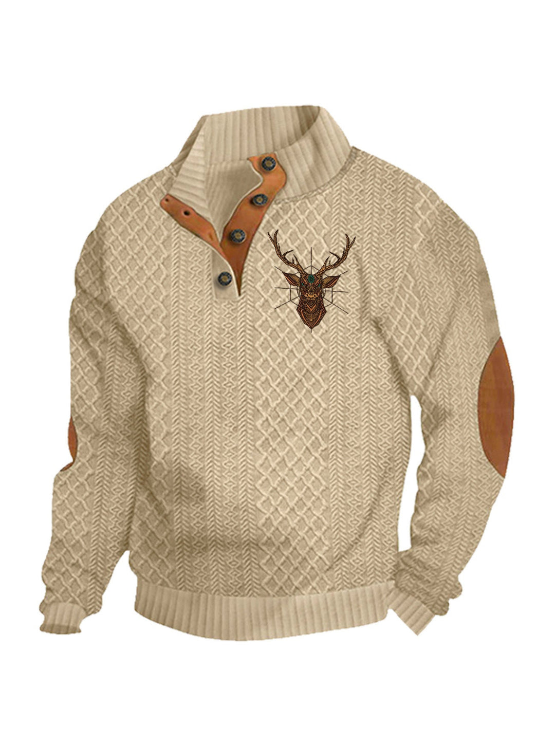 Men's Heritage Textured Pullover with Stand-up Collar Faux Leather Trim Elbow Patches and Half-button Placket