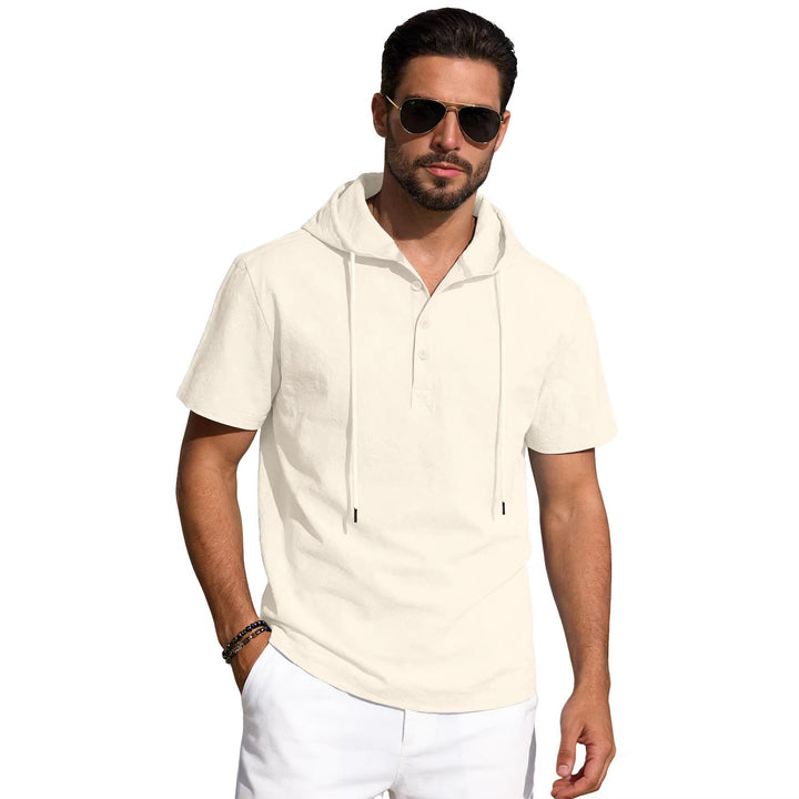Men's Short-sleeved Hooded Henley made of Slub Cotton with Concealed Button Placket and Drawstring