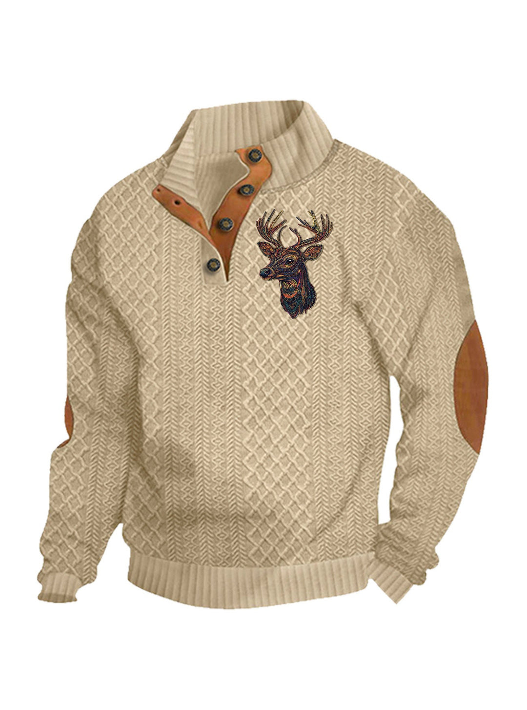 Men's Heritage Textured Pullover with Stand-up Collar Faux Leather Trim Elbow Patches and Half-button Placket