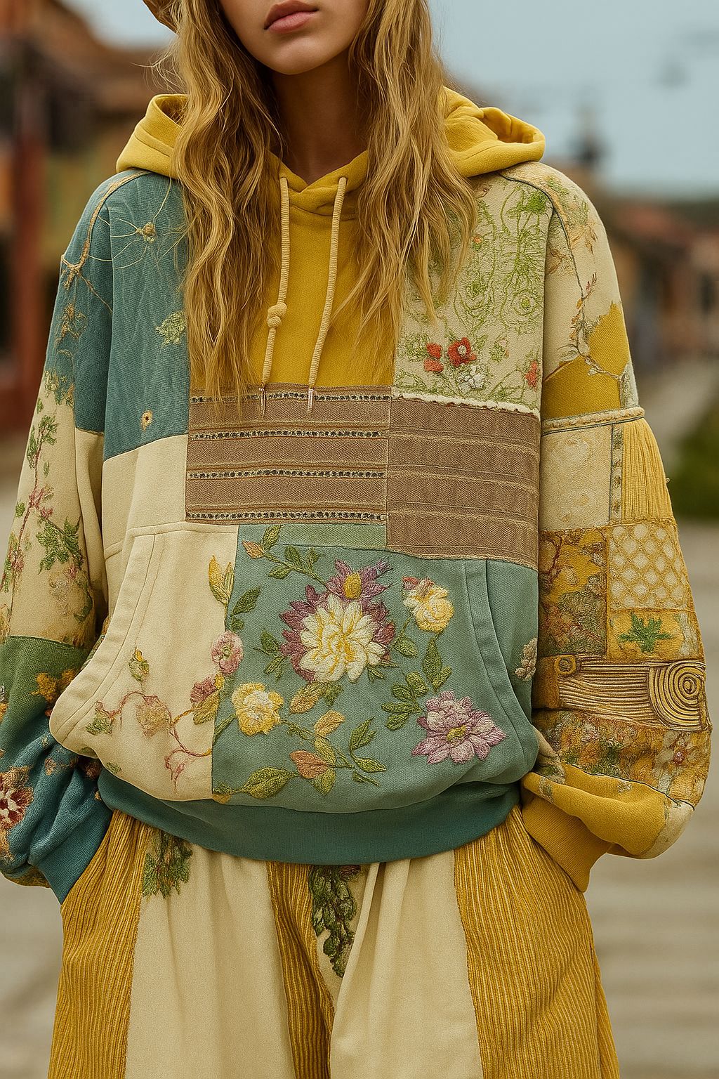 Women's Embroidered Patchwork Hoodie with Flower Applique and Kangaroo Pocket