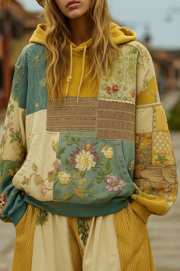 Women's Embroidered Patchwork Hoodie with Flower Applique and Kangaroo Pocket