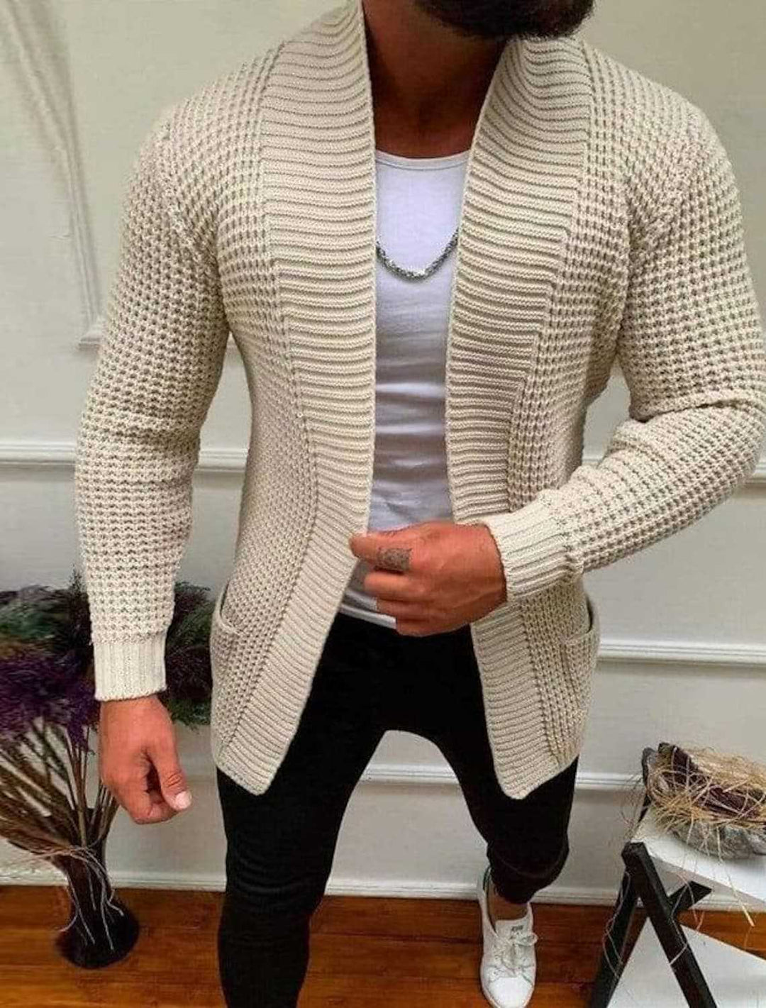 Men's Knitted Cardigan with Shawl Collar and Textured Waffle Pattern