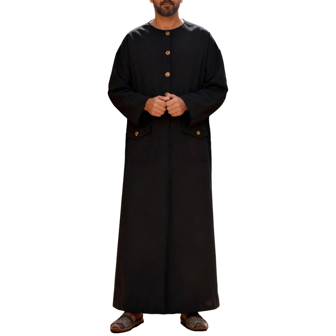 Men's Long Minimalist Coat with Round Neckline, Continuous Button Placket, and Applied Flap Pockets