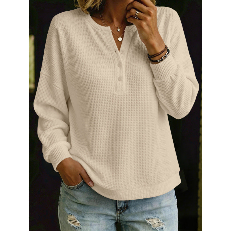 Women's Waffle Knit Henley Sweater with Oversized Cut