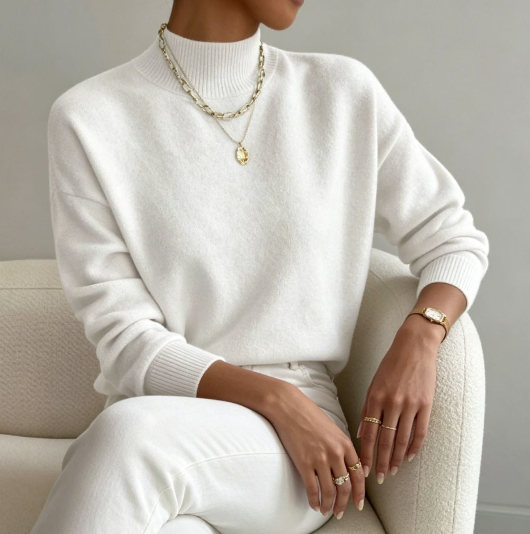 Women's Cozy Fine-knit Pullover with Stand-up Collar and Drop Shoulder