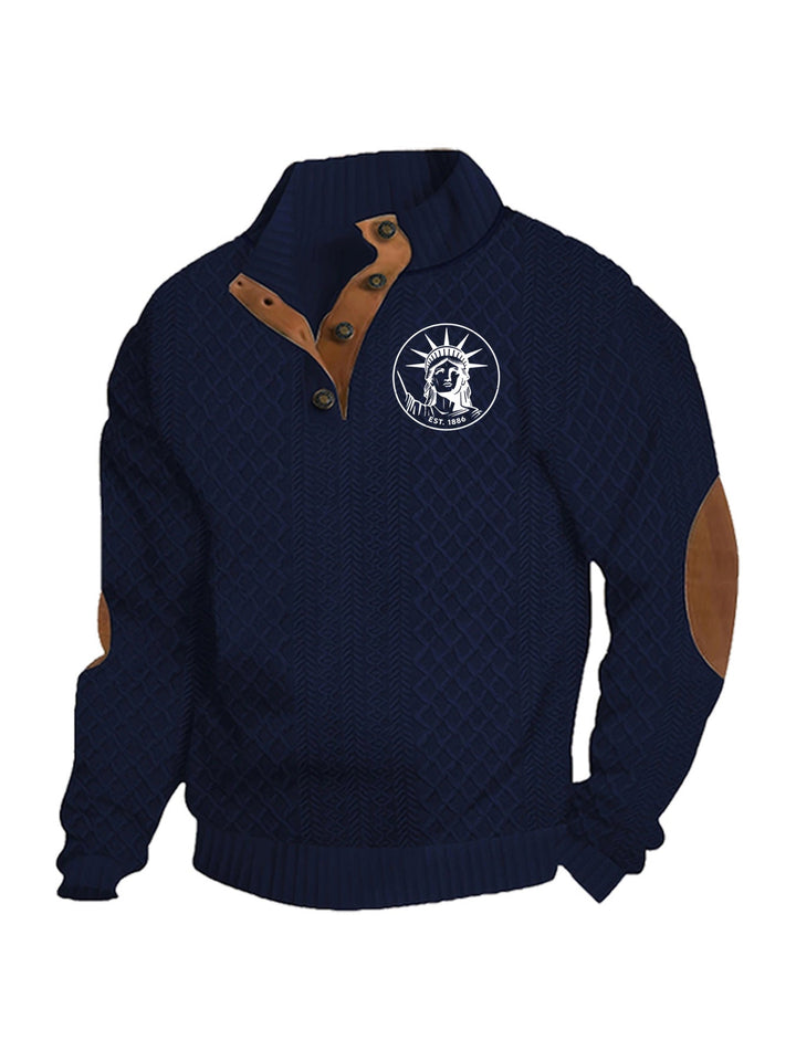 Men's Heritage Textured Pullover with Stand-up Collar Faux Leather Trim Elbow Patches and Half-button Placket