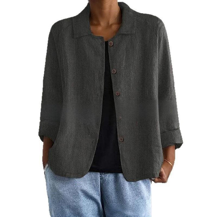 Women's Oversized Linen Shirt Jacket with Shirt Collar, 3/4 Sleeves and Continuous Button Placket