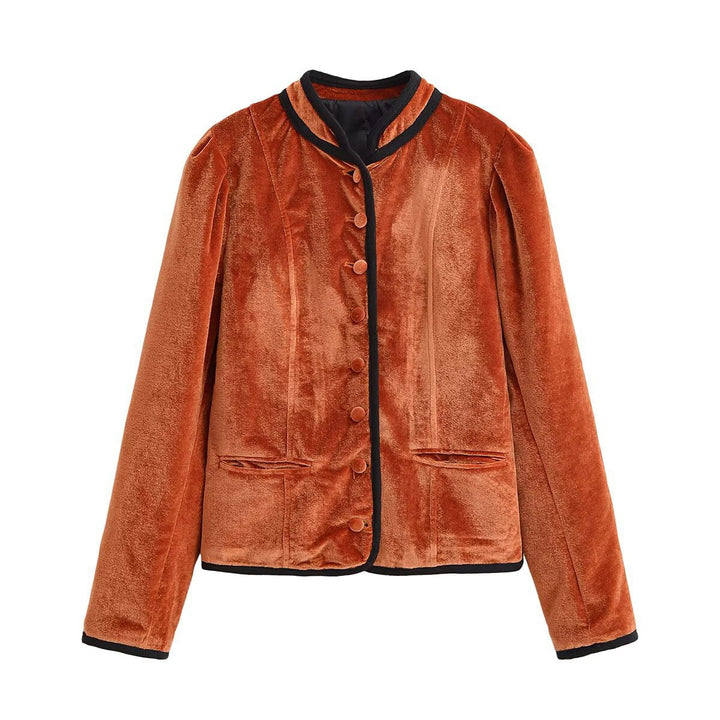 Women's Velvet Blazer-style Jacket with Stand-up Collar and Covered Buttons