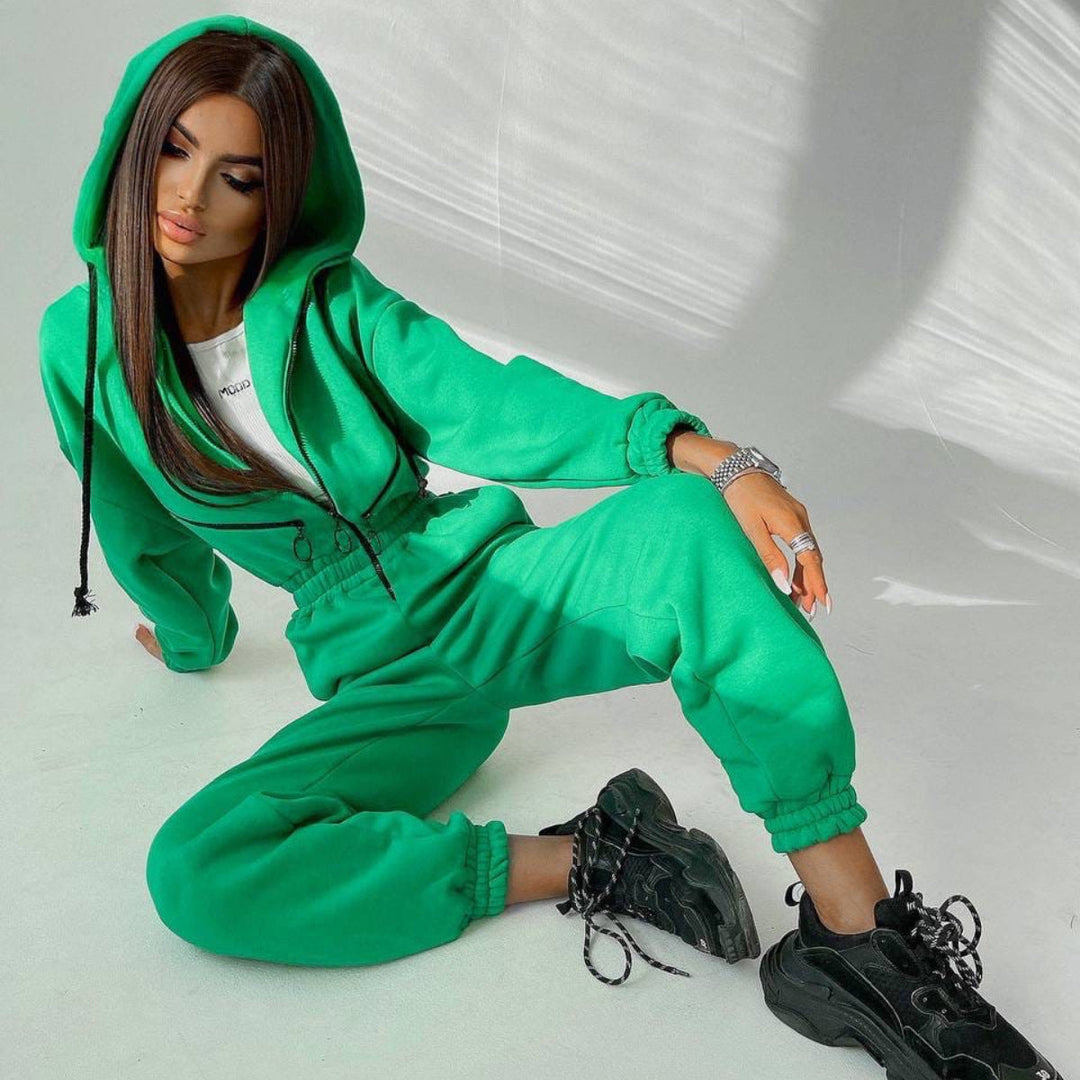 Women's Tailored Hooded Sweat Jumpsuit with Zipper and Elastic Waistband