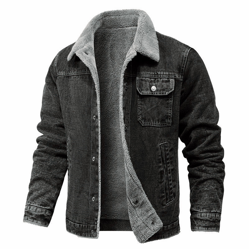 Men's Vintage Denim Jacket with Sherpa Lining, Shirt Collar and Functional Pockets