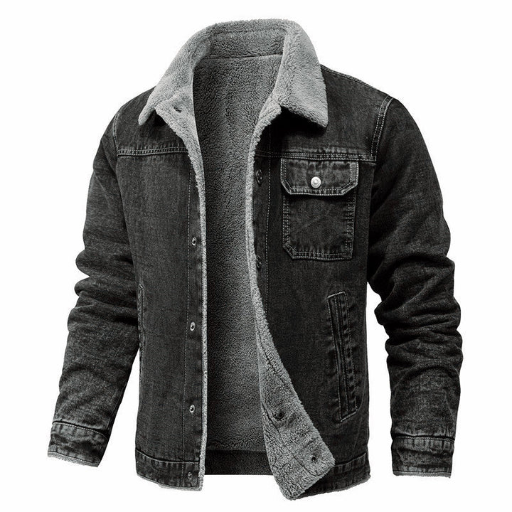 Men's Vintage Denim Jacket with Sherpa Lining, Shirt Collar and Functional Pockets