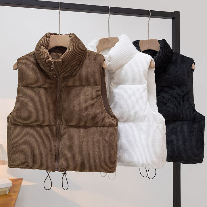 Women's Padded Cord Quilted Vest with Stand-up Collar and Drawstring