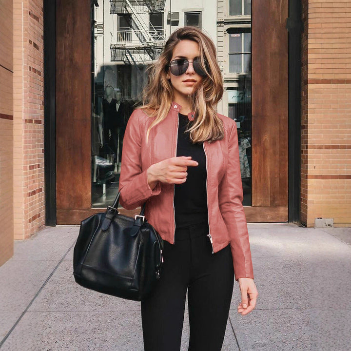 Women's Tailored Leather Jacket with Stand-up Collar and Concealed Zipper