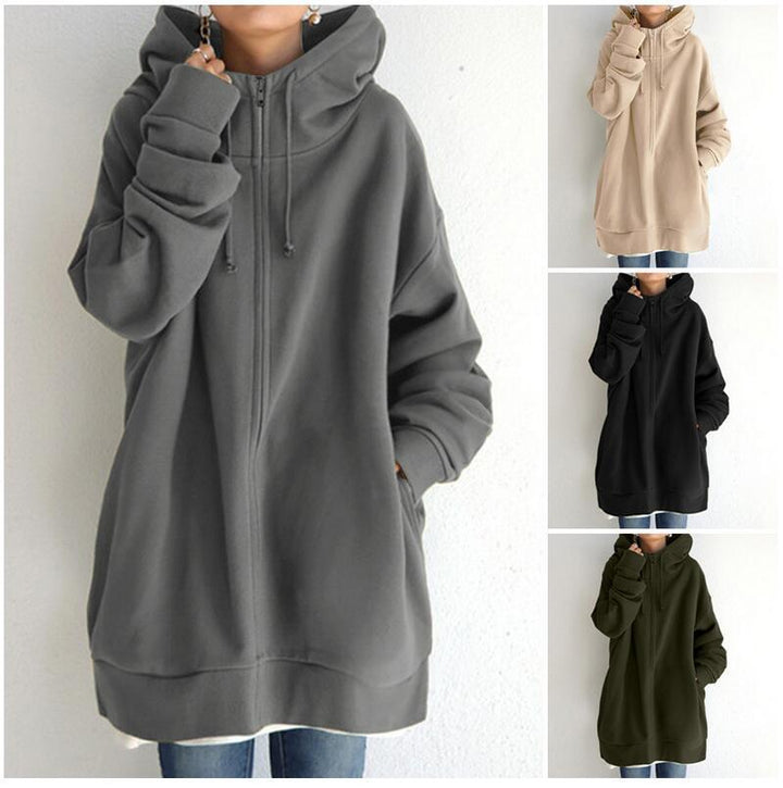 Women's Oversized Hooded Long Pullover with Zipper and Side Pockets