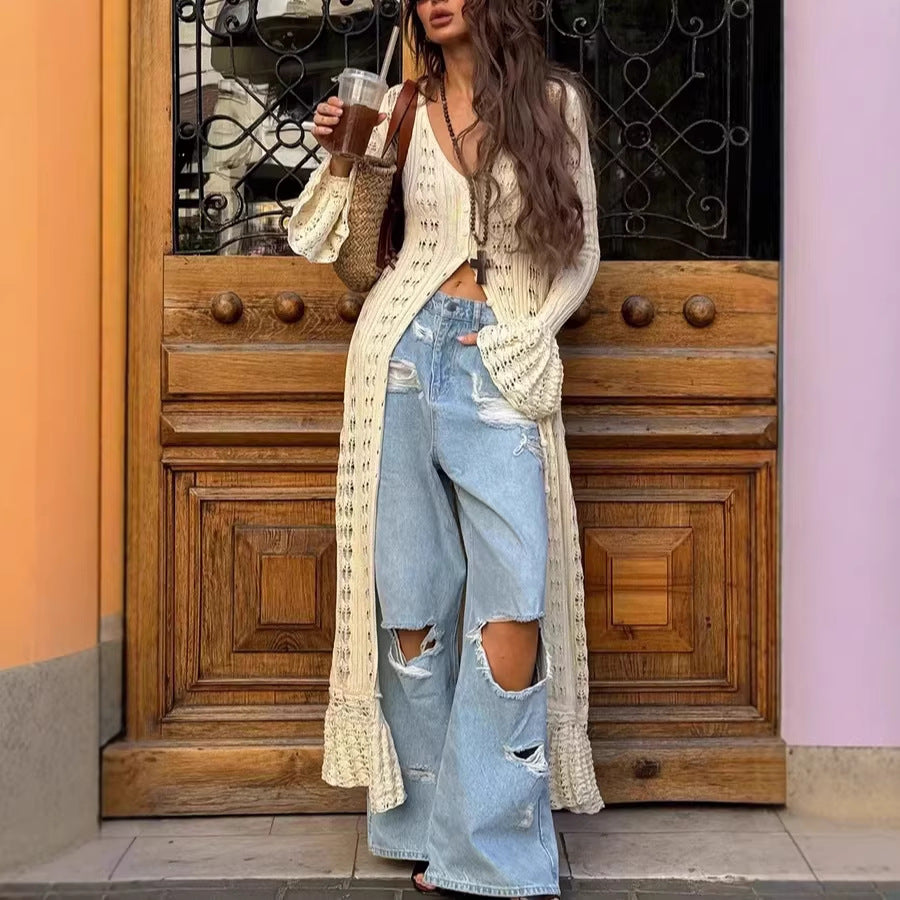 Women Long Crochet Knit Cardigan with Bell Sleeves and Open Front