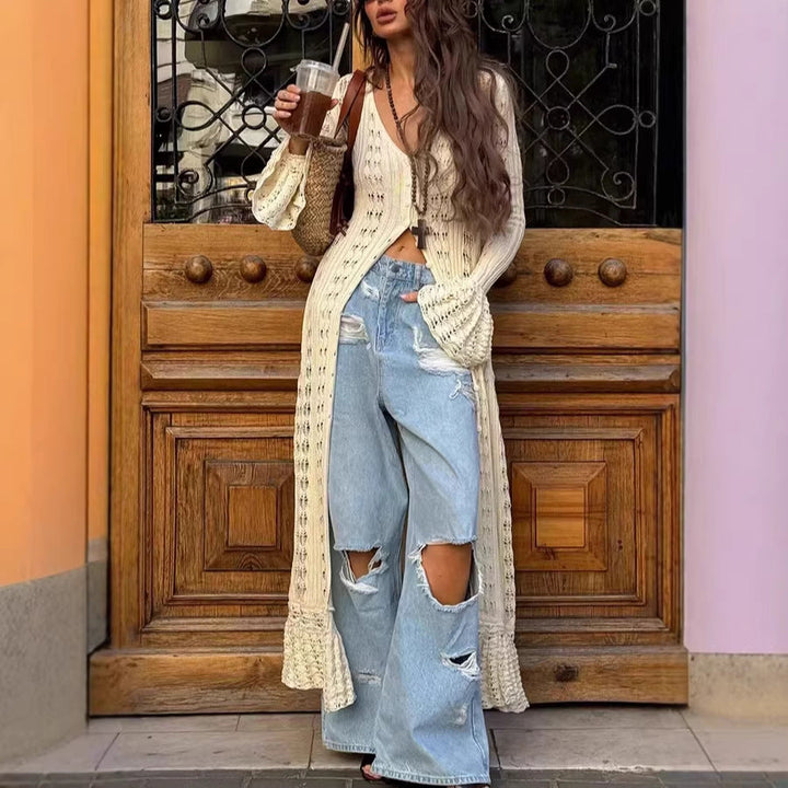 Women Long Crochet Knit Cardigan with Bell Sleeves and Open Front