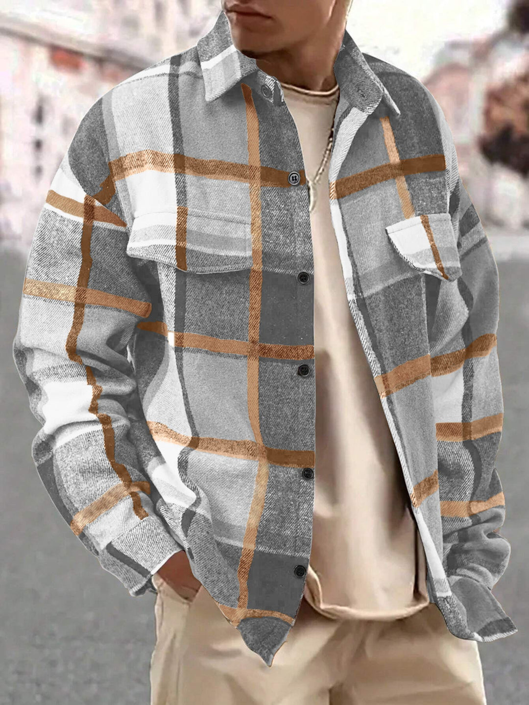Men's Oversized Check Shirt Jacket made of Soft Flannel with Patch Chest Pockets