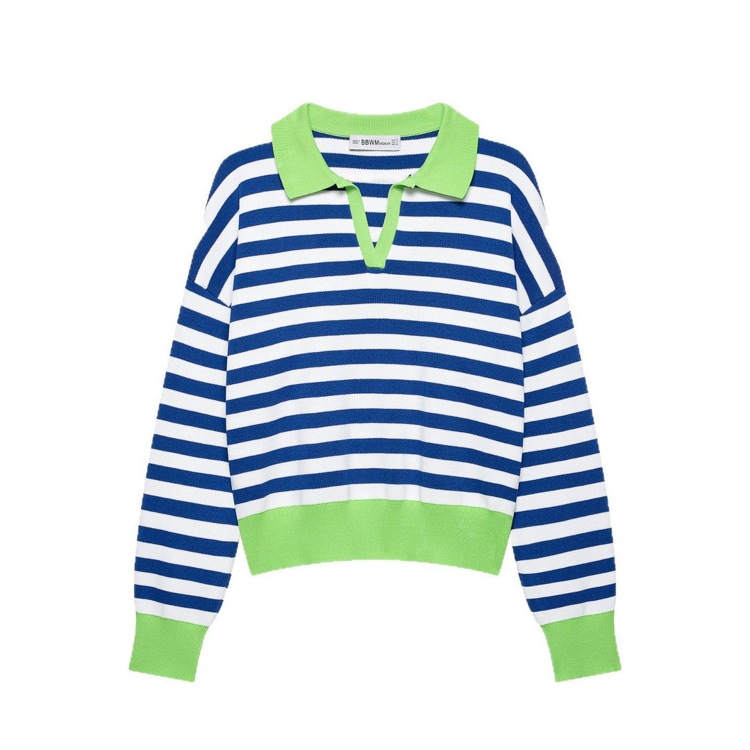 Women's Striped Cropped Polo Sweater in Fine Knit with Balloon Sleeves
