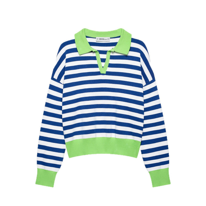 Women's Striped Cropped Polo Sweater in Fine Knit with Balloon Sleeves
