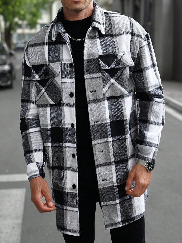 Men's Checked Longline Overshirt with Patch Chest Pockets and Button Placket