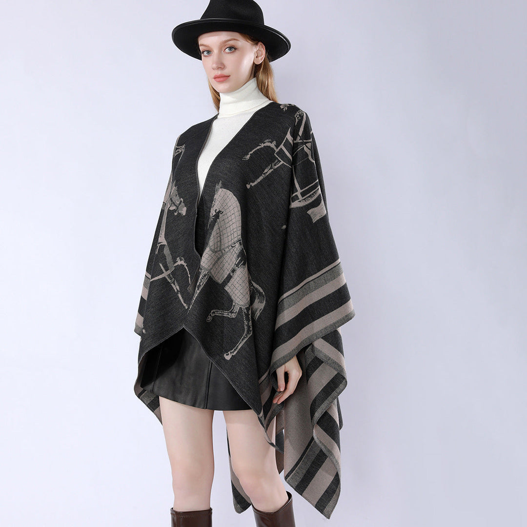 Women Jacquard Poncho Wrap with Horse Motif and Boxy Kimono Silhouette
