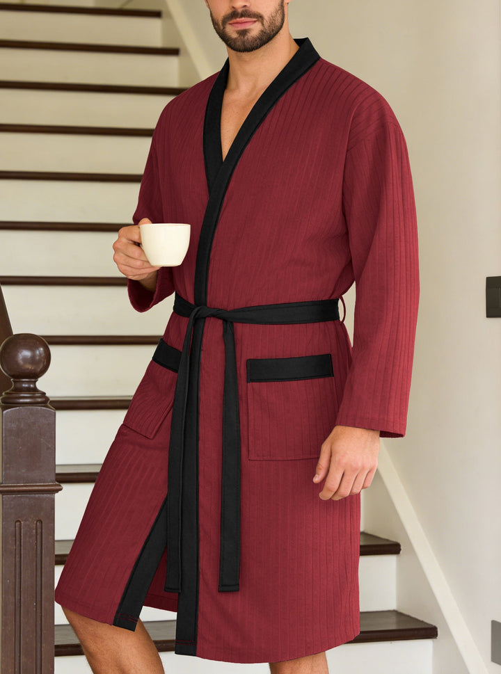 Men's Lightweight Cotton Kimono Bathrobe with Waffle Texture and Patch Pockets