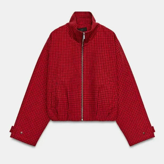 Women's Cropped Blouson Jacket made of Woven Fabric with Stand-up Collar, Elastic Hem, and Fine Check Design
