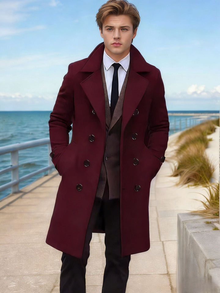 Men's Elegant Single-Breasted Long Coat made of Wool Blend with Slim Silhouette and Lapel Collar