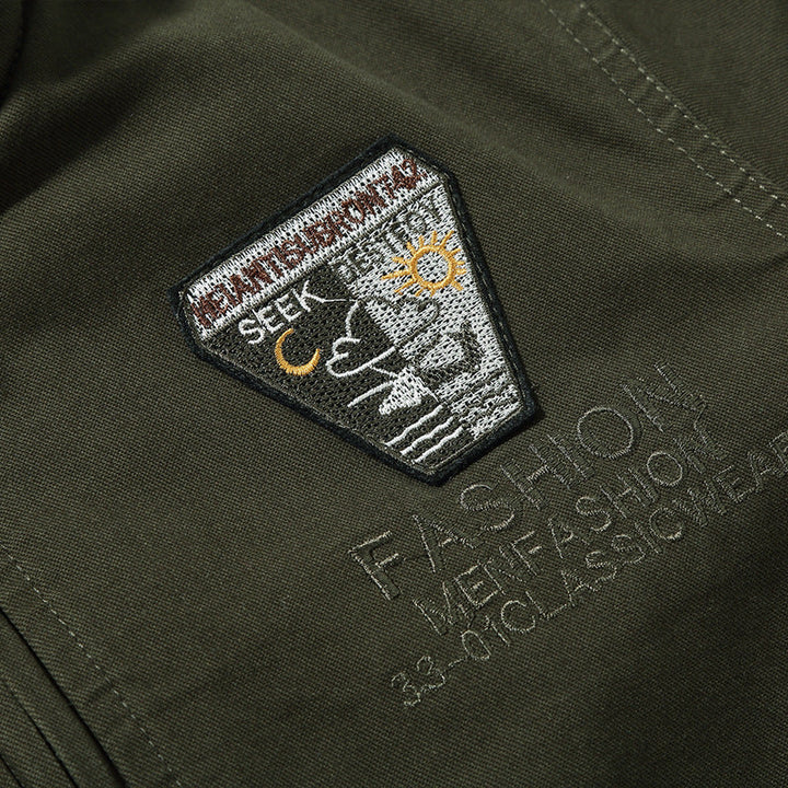 Men's Canvas Pilot Blouson in Military Look with Stand-Up Collar, Utility Pockets, and Patch Applications