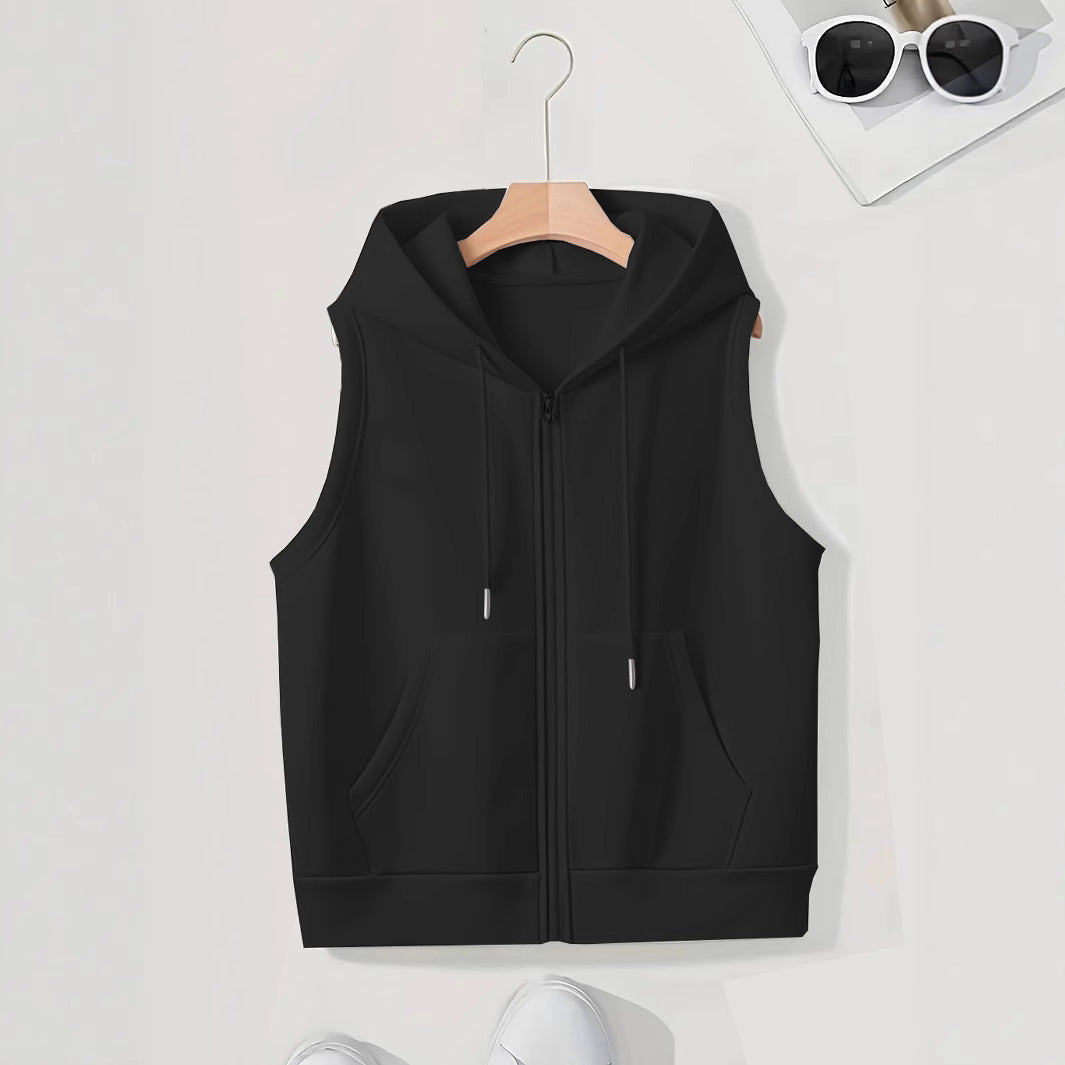 Women's Sporty Hooded Vest with Zipper and Practical Pockets