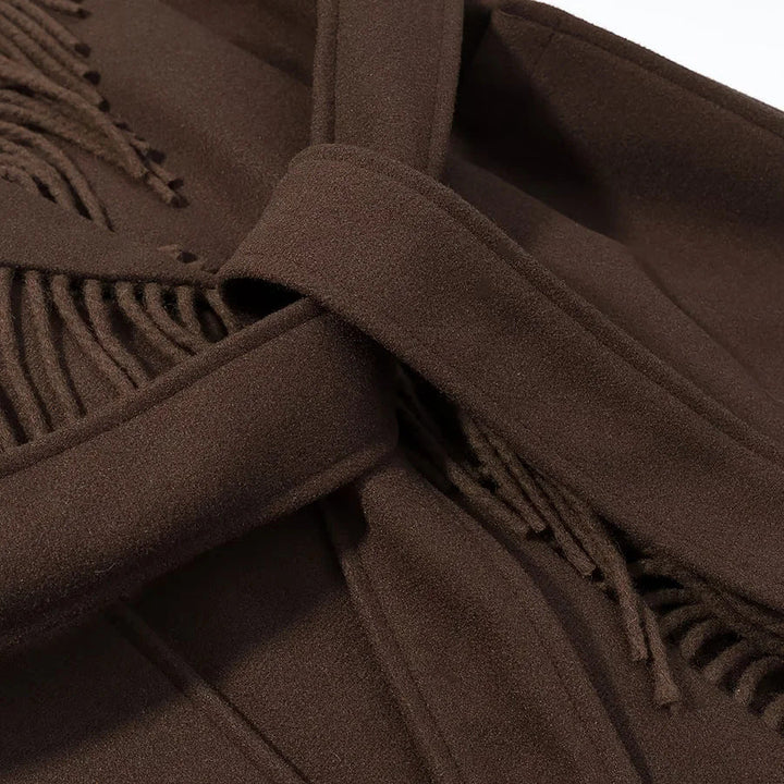 Women's Long Fringed Coat with Voluminous Shawl Collar, Waist Belt and Patch Pockets