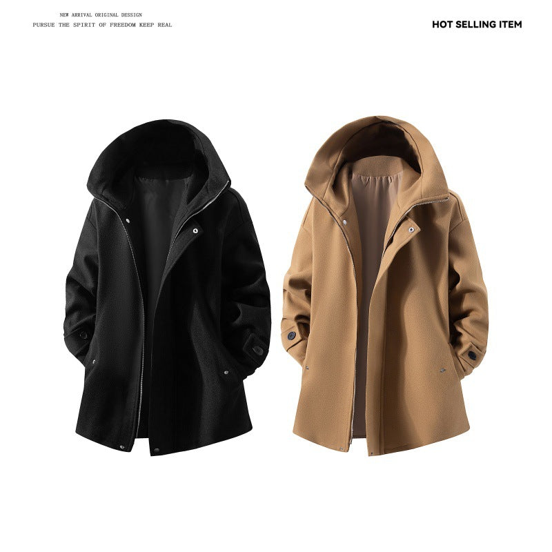 Men's Wool Blend Hooded Coat with Oversized Fit and Hidden Snap Button Placket