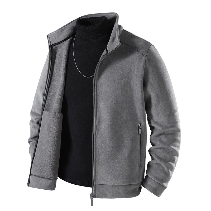 Men's Simple Velvet-Look Transitional Jacket with High-Closing Stand-Up Collar, Concealed Two-Way Zipper & Zip Pockets