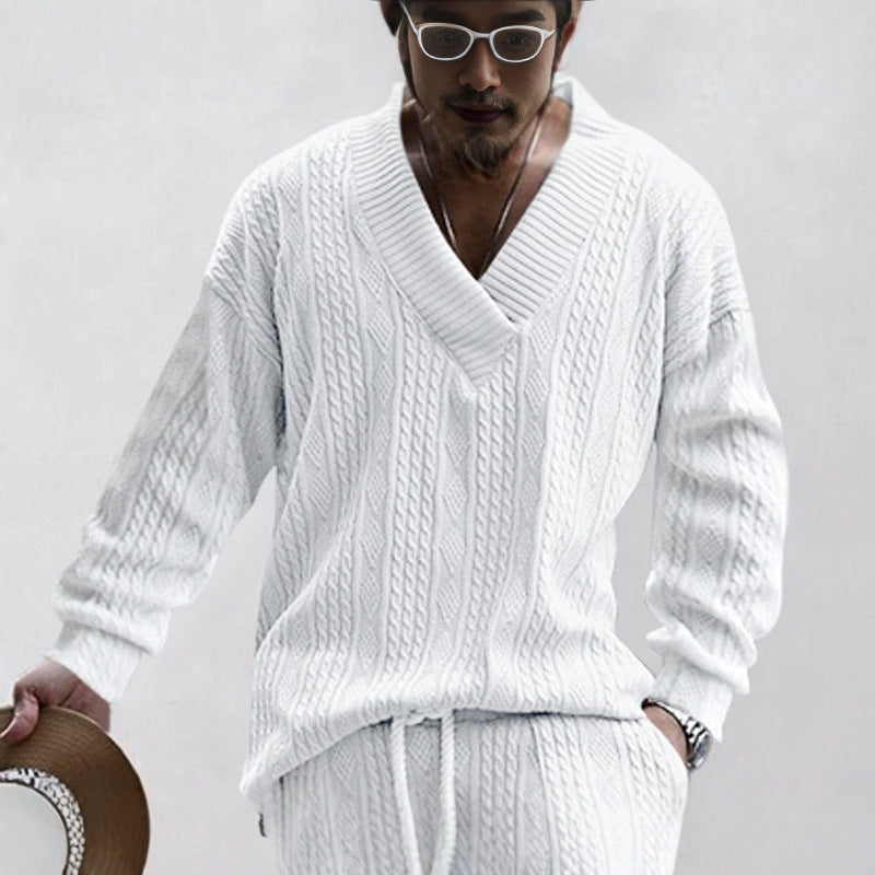 Men's Oversize Cable Knit Long Sweater with Deep V-Neck and Matching Knit Pants